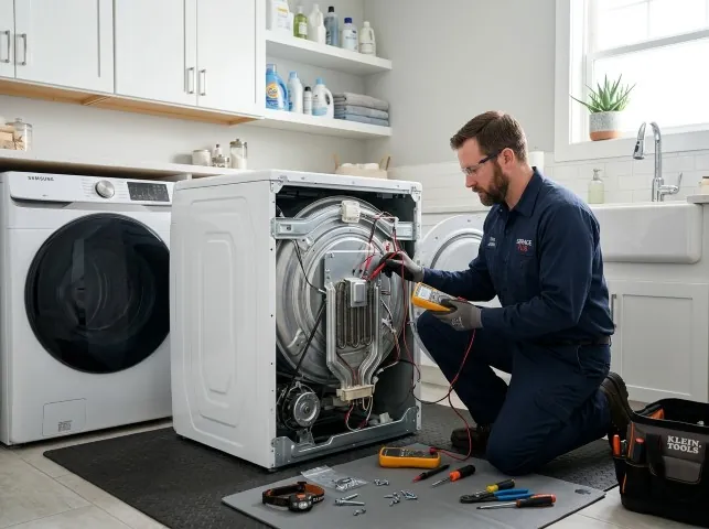 Appliance Repair Hero technician checking a dryer heating element with the rear panel off in Appling, GA