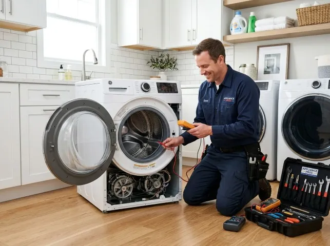Appliance Repair Hero technician testing a front-load washer with a multimeter on a Appling, GA service call